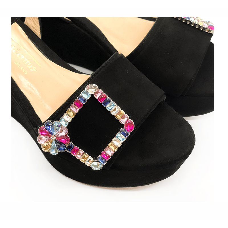Black suede platform sandals with multicolor crystal buckle hand made in Italy, women's model by Fragiacomo