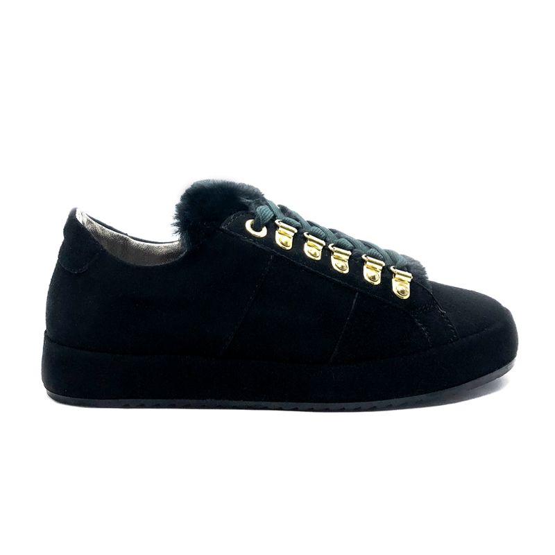 Black suede sneakers with black fur tongue hand made in Italy, women's model by Fragiacomo