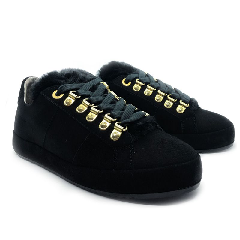 Black suede sneakers with black fur tongue hand made in Italy, women's model by Fragiacomo