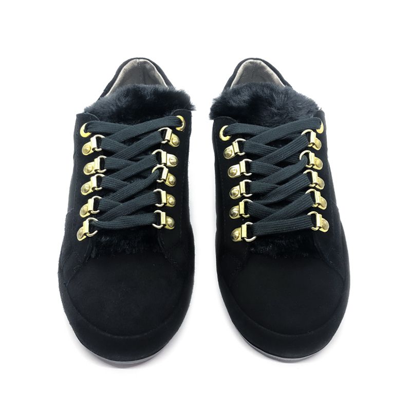 Black suede sneakers with black fur tongue hand made in Italy, women's model by Fragiacomo