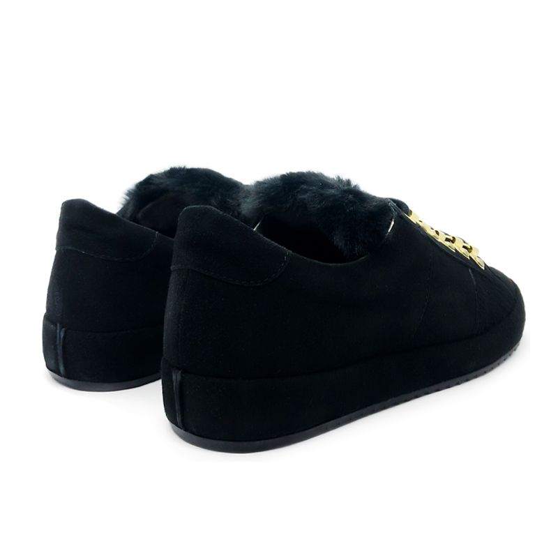 Black suede sneakers with black fur tongue hand made in Italy, women's model by Fragiacomo