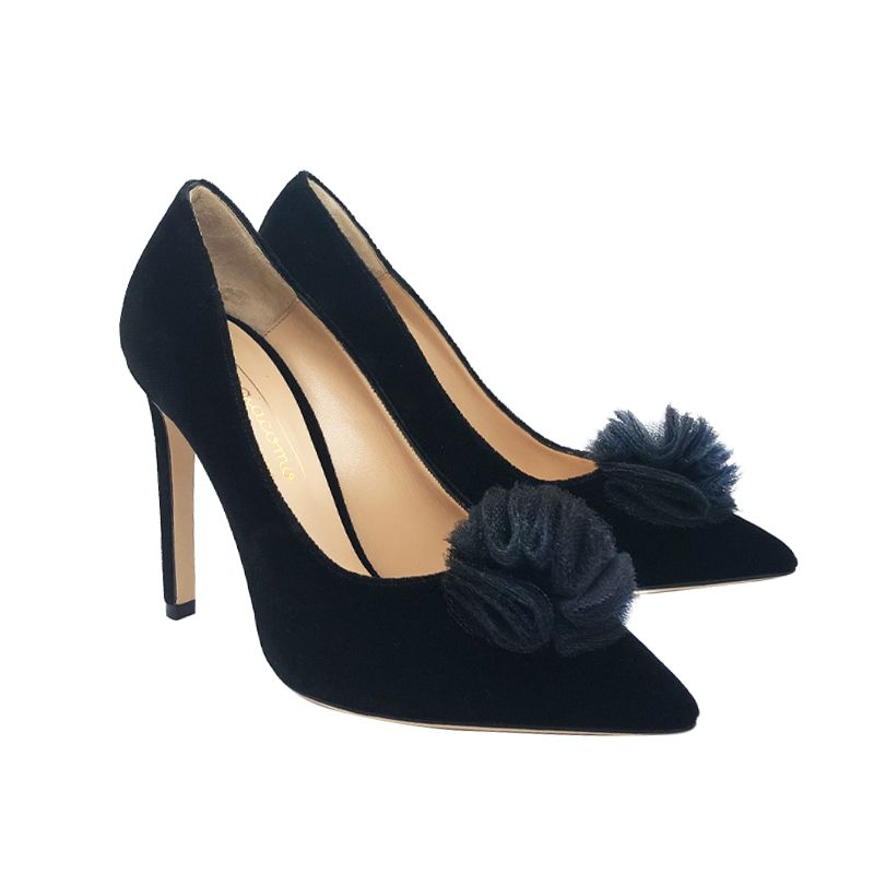 Black velvet pumps with rouche hand made in Italy, women's model by Fragiacomo