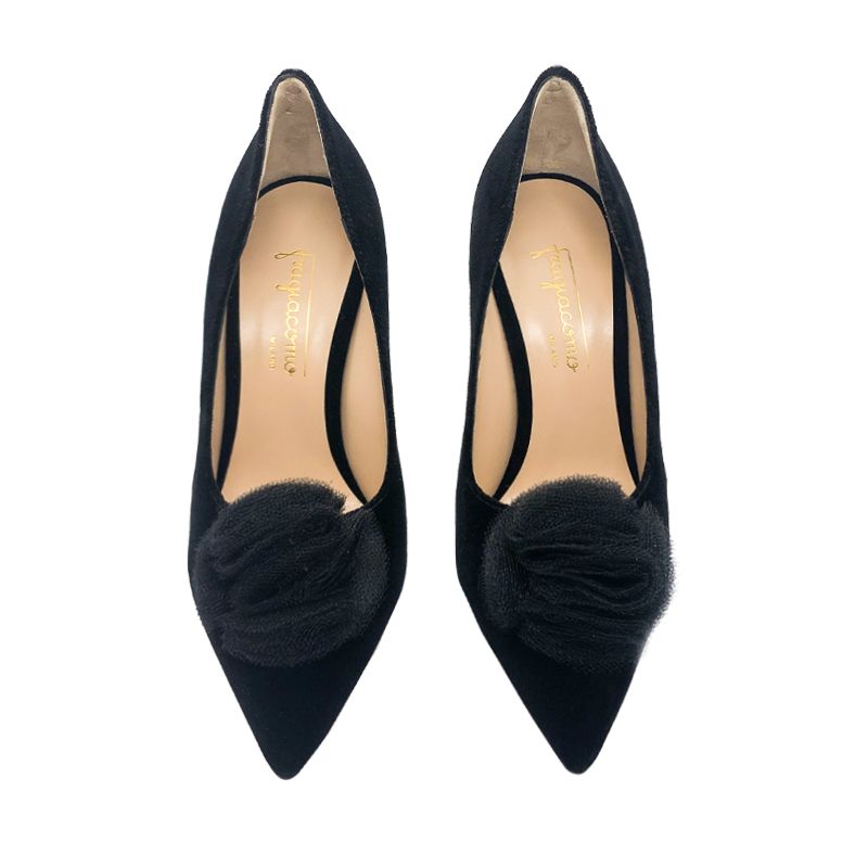 Black velvet pumps with rouche hand made in Italy, women's model by Fragiacomo