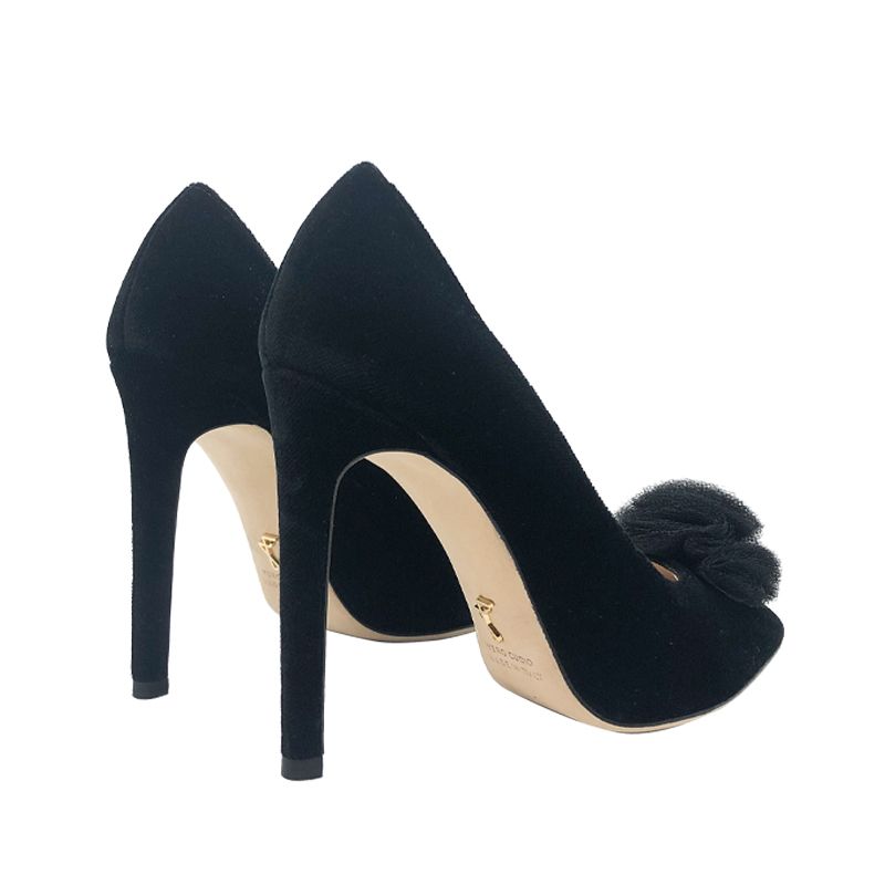 Black velvet pumps with rouche hand made in Italy, women's model by Fragiacomo