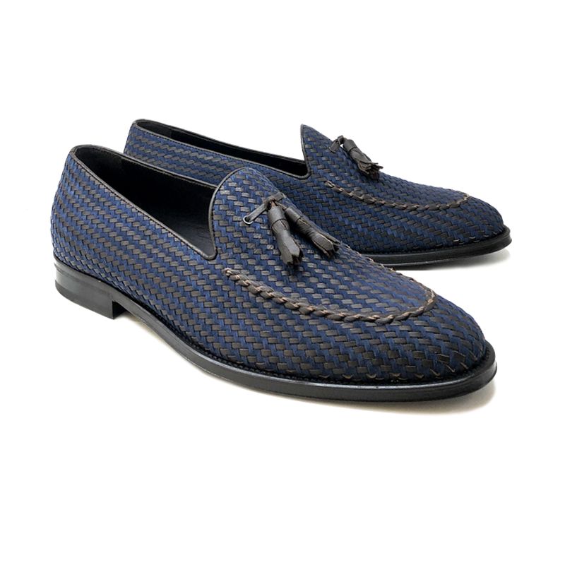 Blue and dark brown calfskin and suede tassel loafers with intrecciato texture, hand made in Italy, elegant men's by Fragiacomo