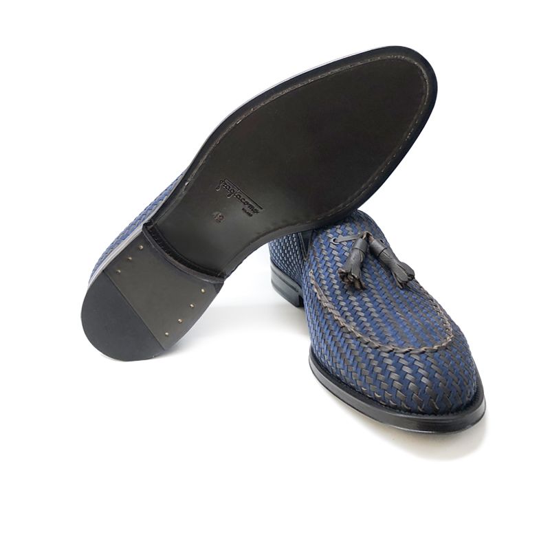 Blue and dark brown calfskin and suede tassel loafers with intrecciato texture, hand made in Italy, elegant men's by Fragiacomo