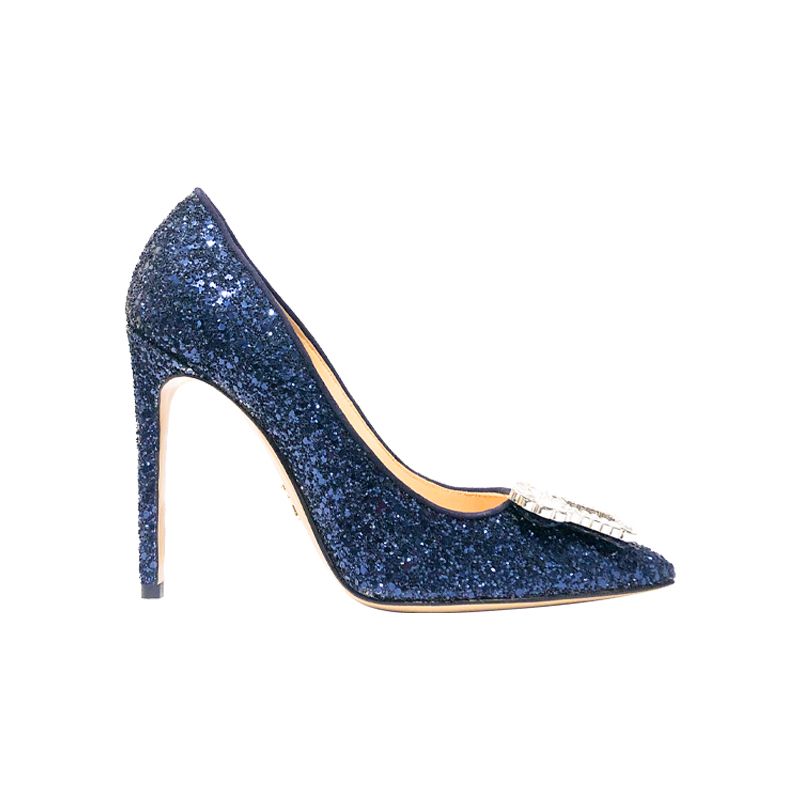 Blue pumps in glitter with crystal buckle, elegant women's, by Fragiacomo
