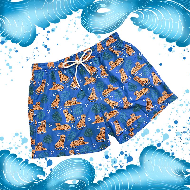 Blue men’s swim shorts in light fabric with tiger pattern made in Italy by Fragiacomo