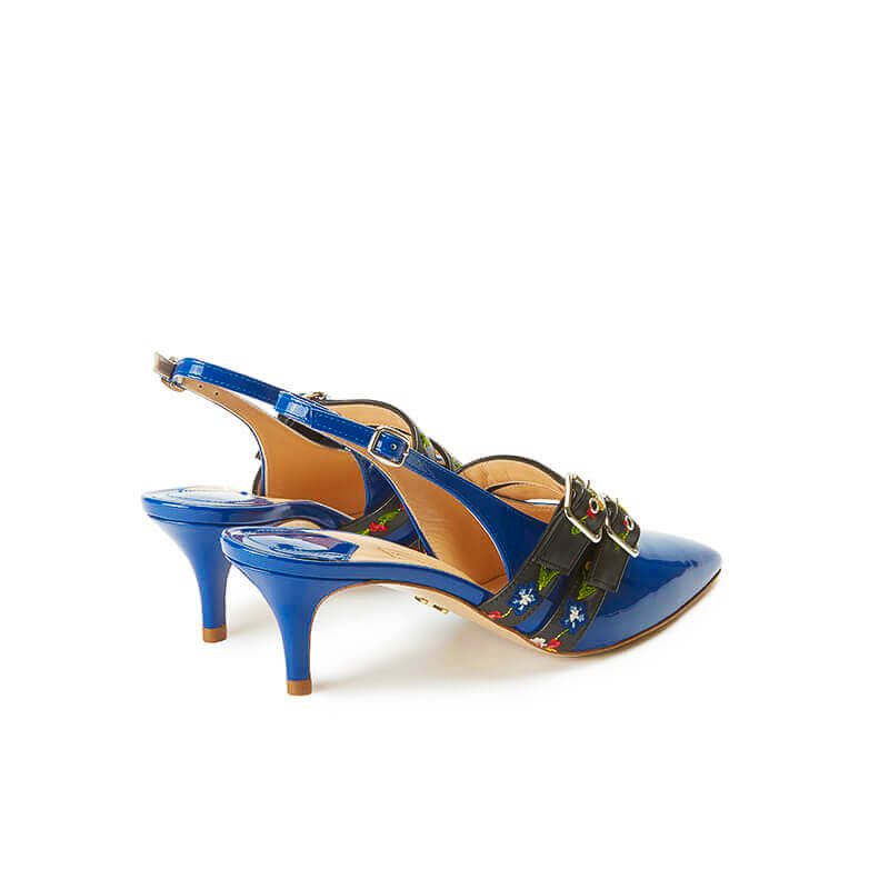 Blue patent leather slingbacks with embroidered straps and kitten heel, SS19 collection by Fragiacomo, back view