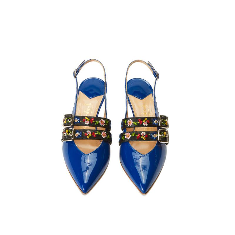 Blue patent leather slingbacks with embroidered straps and kitten heel, SS19 collection by Fragiacomo, over view