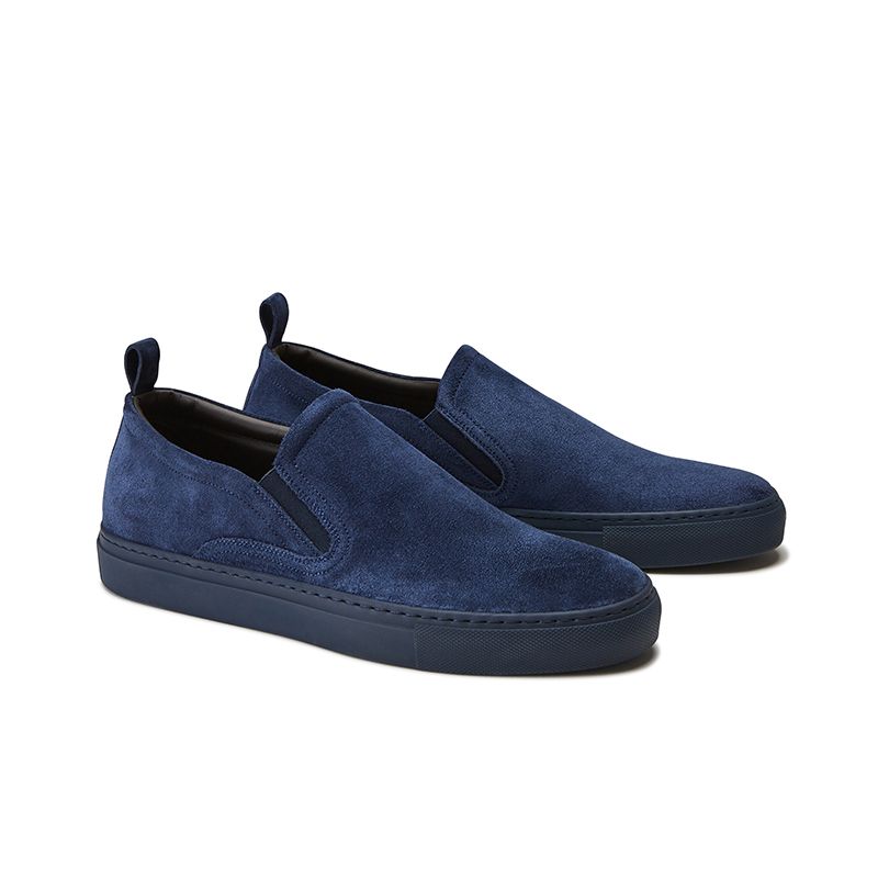 Blue suede slip-ons hand made in Italy, mens' model by Fragiacomo, side view