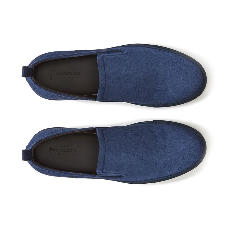 Blue suede slip-ons hand made in Italy, mens' model by Fragiacomo, over view