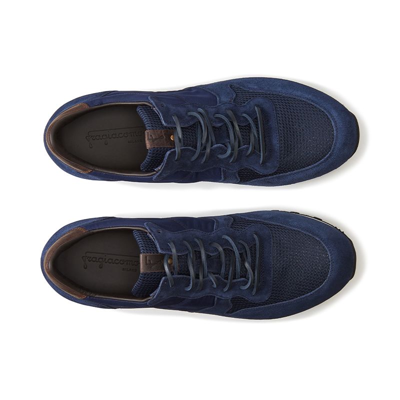 Blue suede sneakers hand made in Italy, men's model by Fragiacomo, over view
