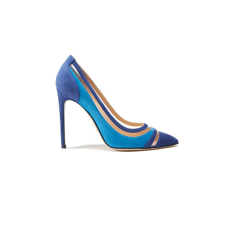 Bright blue and navy blue suede pumps with pvc inserts hand made in Italy, women's model by Fragiacomo