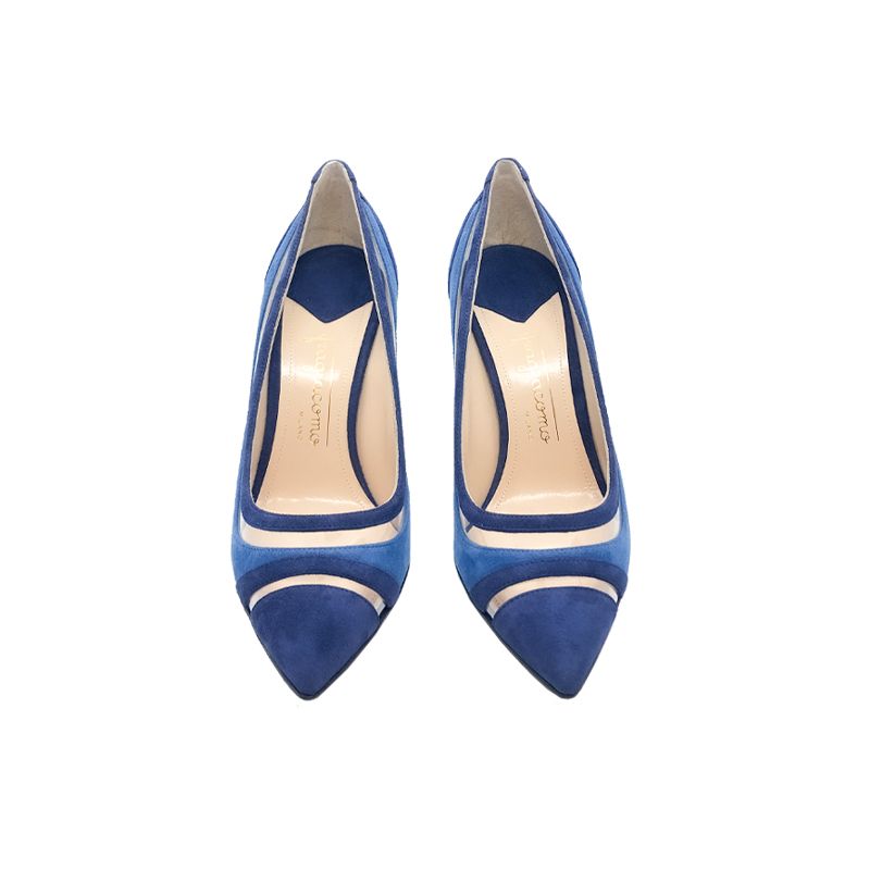 Bright blue and navy blue suede pumps with pvc inserts hand made in Italy, women's model by Fragiacomo