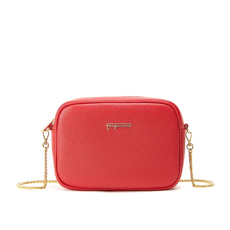Camera bag in red moose leather with gold accessories woman
