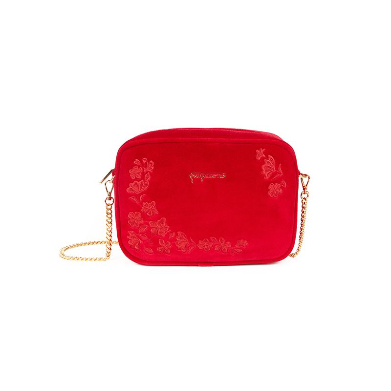 Camera bag in red velvet with floral embroidery and gold accessories woman