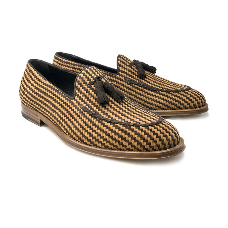 Cognac and dark brown suede tassel loafers with intrecciato texture, hand made in Italy, elegant men's by Fragiacomo
