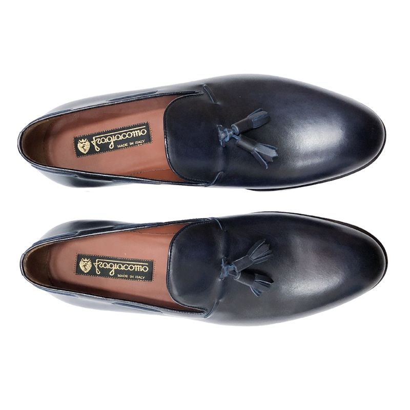 Dark blue leather tassel loafers with leather sole, hand made in Italy, elegant men's by Fragiacomo