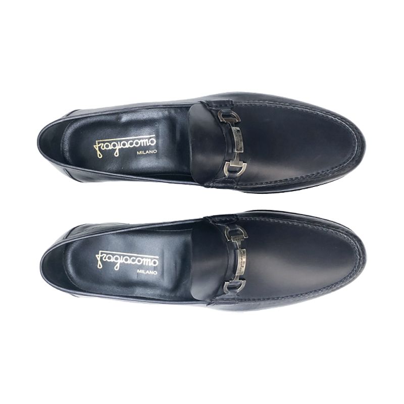 Dark blue leather tubular loafers with Fragiacomo silver clamp, hand made in Italy, elegant men's by Fragiacomo