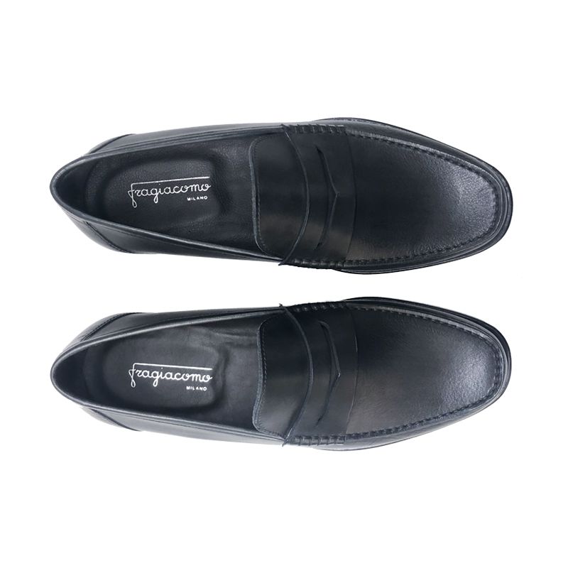 Dark blue leather tubular penny loafers, hand made in Italy, elegant men's by Fragiacomo