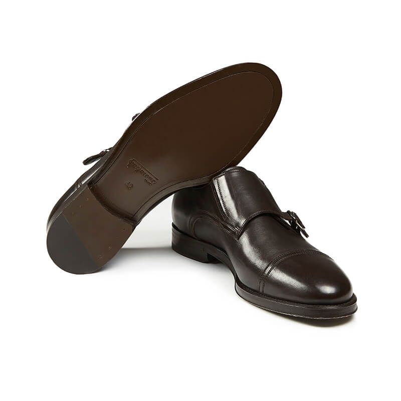 Dark brown calfskin monk-strap shoes, hand made in Italy, elegant men's by Fragiacomo