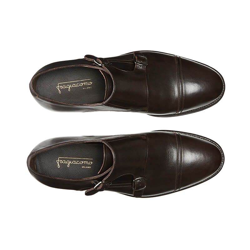 Dark brown calfskin monk-strap shoes, hand made in Italy, elegant men's by Fragiacomo