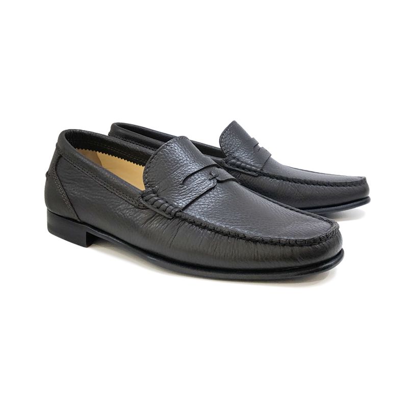 Dark brown deer leather tubular penny loafers, hand made in Italy, elegant mens's by Fragiacomo
