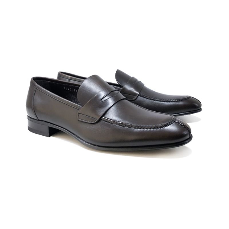 Dark brown leather penny loafers with cut stitching, hand made in Italy, elegant men's by Fragiacomo