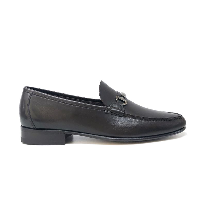 Dark brown leather tubular loafers with Fragiacomo silver clamp, hand made in Italy, elegant men's by Fragiacomo