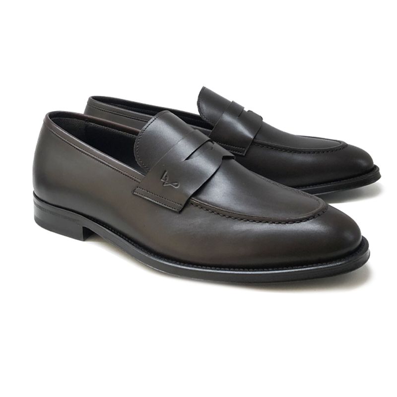 Dark brown calfskin penny loafers with Fragiacomo logo, hand made in Italy, elegant men's by Fragiacomo