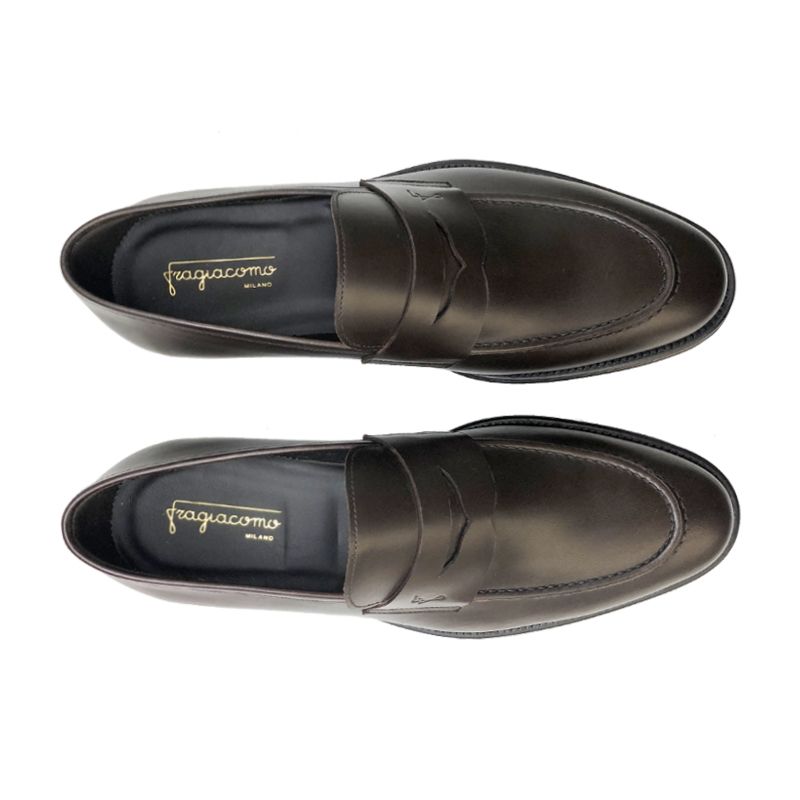 Dark brown calfskin penny loafers with Fragiacomo logo, hand made in Italy, elegant men's by Fragiacomo