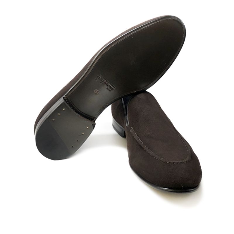 Dark brown suede loafers with leather sole, hand made in Italy, elegant men's by Fragiacomo