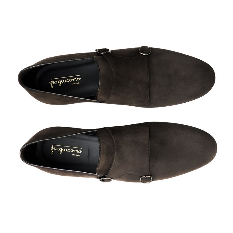 Dark brown suede monk-strap shoes blake rapid, men's model by Fragiacomo