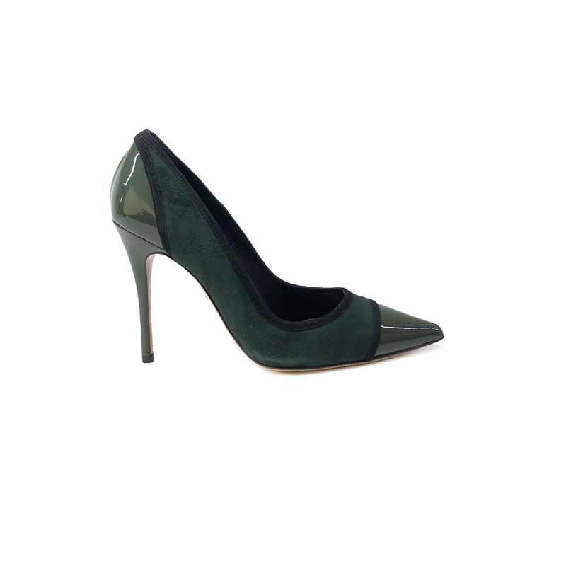 dark green suede and patent leather pumps, hand made in Italy, elegant woman's by Fragiacomo