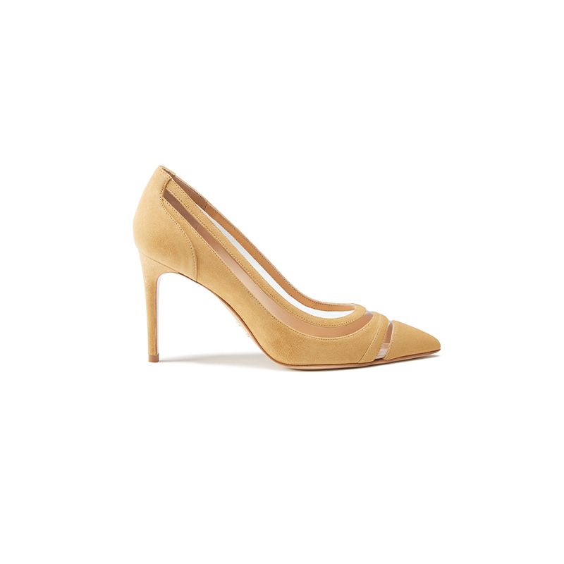 Décolleté in camoscio beige fatte a mano in Italia con dettagli in pvc trasparente, modello da donna by Fragiacomo