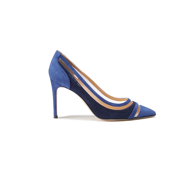 Décolleté in camoscio blu e blu scuro fatte a mano in Italia con dettagli in pvc trasparente, modello da donna by Fragiacomo