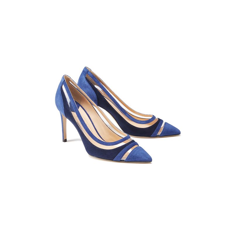 Décolleté in camoscio blu e blu scuro fatte a mano in Italia con dettagli in pvc trasparente, modello da donna by Fragiacomo