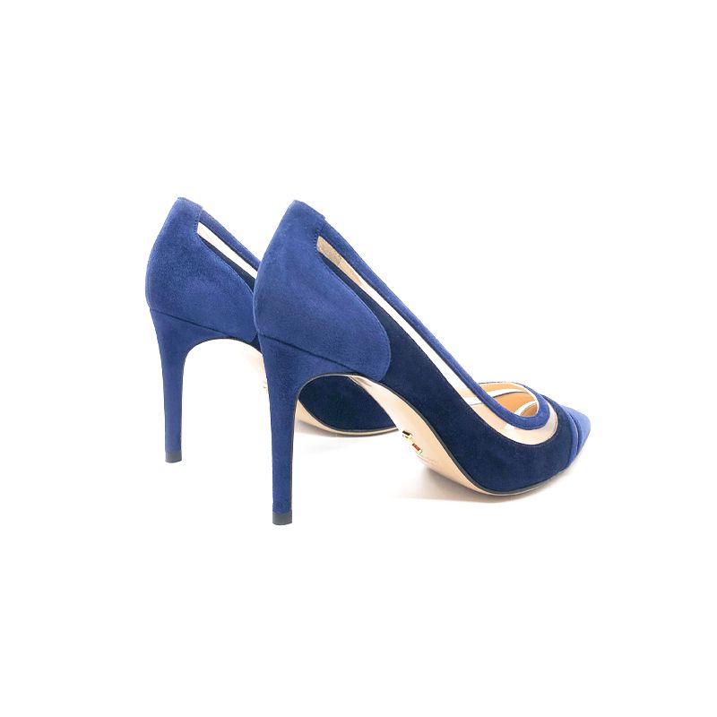 Décolleté in camoscio blu e blu scuro fatte a mano in Italia con dettagli in pvc trasparente, modello da donna by Fragiacomo