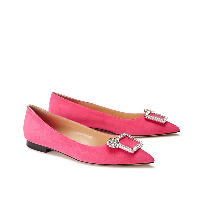 Fuchsia suede ballerinas with crystal buckle hand made in Italy, women's model by Fragiacomo