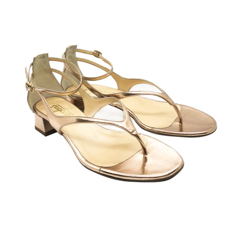 Gold leather low heel sandals hand made in Italy, women's model by Fragiacomo