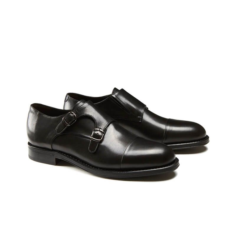 Handmade black leather monk-strap shoes with Goodyear construction, men's model by Fragiacomo