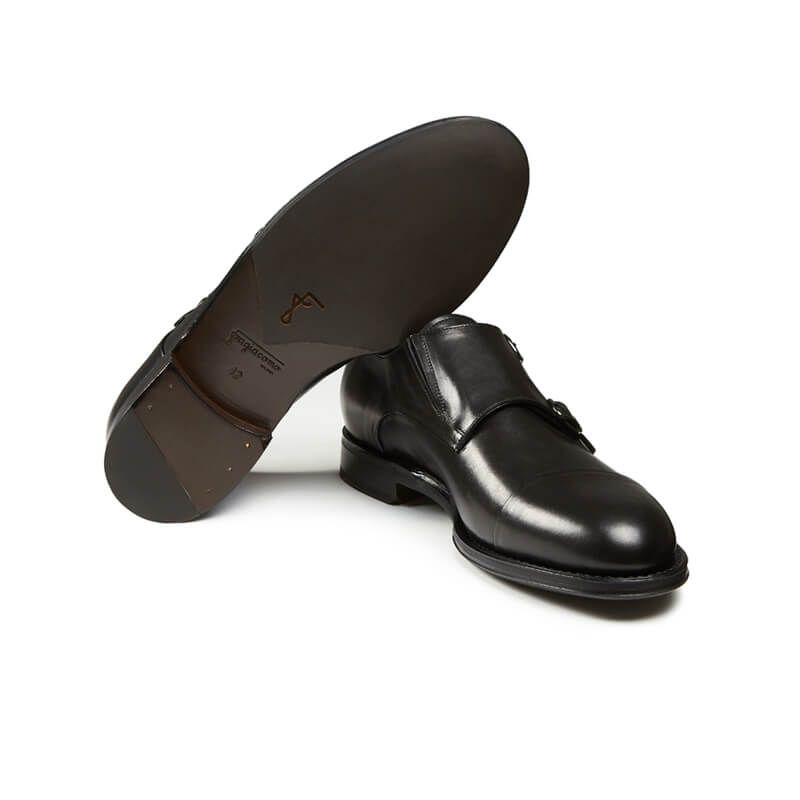 Handmade black leather monk-strap shoes with Goodyear construction, men's model by Fragiacomo