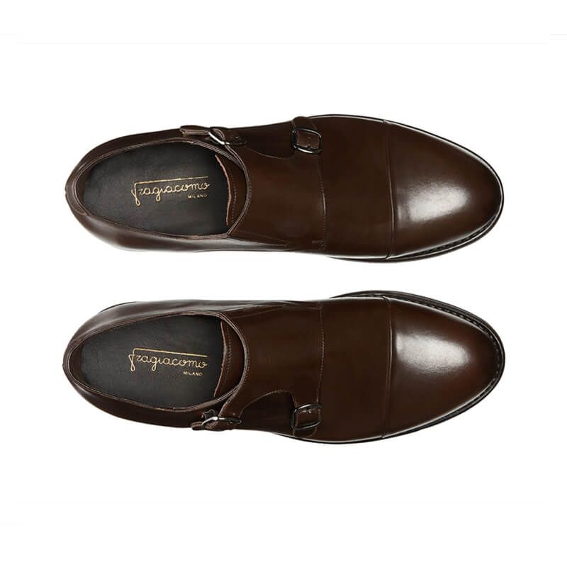 Handmade dark brown leather monk-strap shoes with Goodyear construction, men's model by Fragiacomo