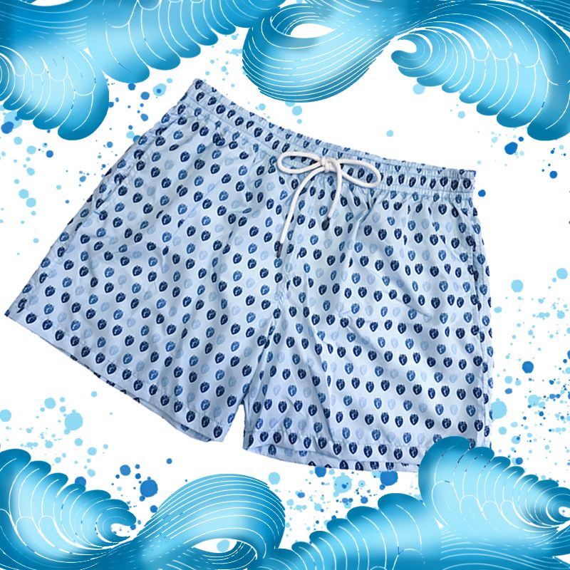 Light blue men’s swim shorts in light fabric with Fragiacomo shields pattern made in Italy by Fragiacomo