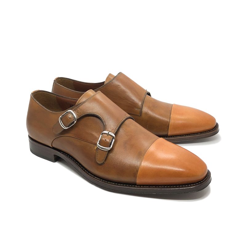 Light brown and orange calfskin monk-strap shoes, hand made in Italy, elegant men's by Fragiacomo