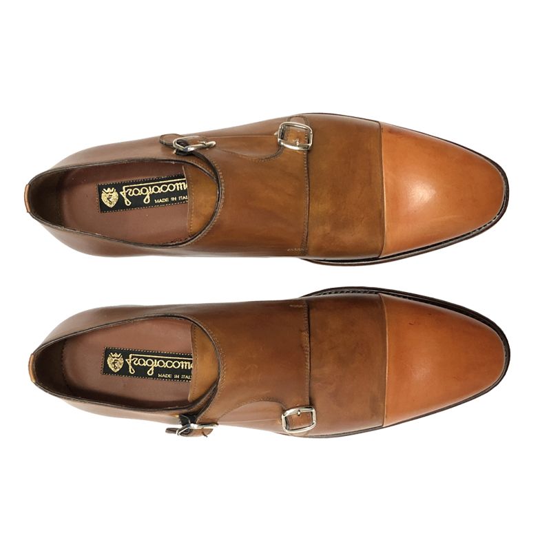 Light brown and orange calfskin monk-strap shoes, hand made in Italy, elegant men's by Fragiacomo