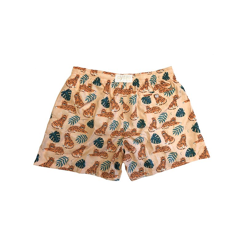 Light orange men’s swim shorts in light fabric with tiger pattern made in Italy by Fragiacomo