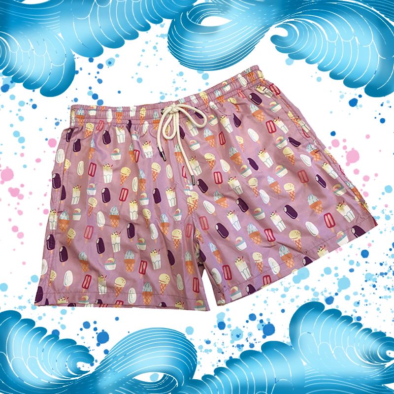 Light pink men’s swim shorts in light fabric with ice cream pattern made in Italy by Fragiacomo