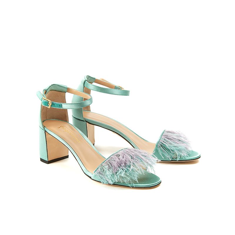 Mint satin sandals with feathers on the front part, ankle strap and 50 mm heel
